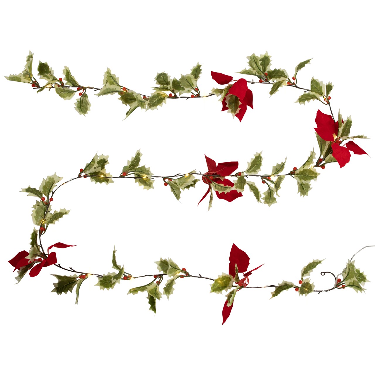 Northlight Pre-Lit Battery Operated Holly and Berry Christmas Garland - 7.5' x 5" - Warm White Lights